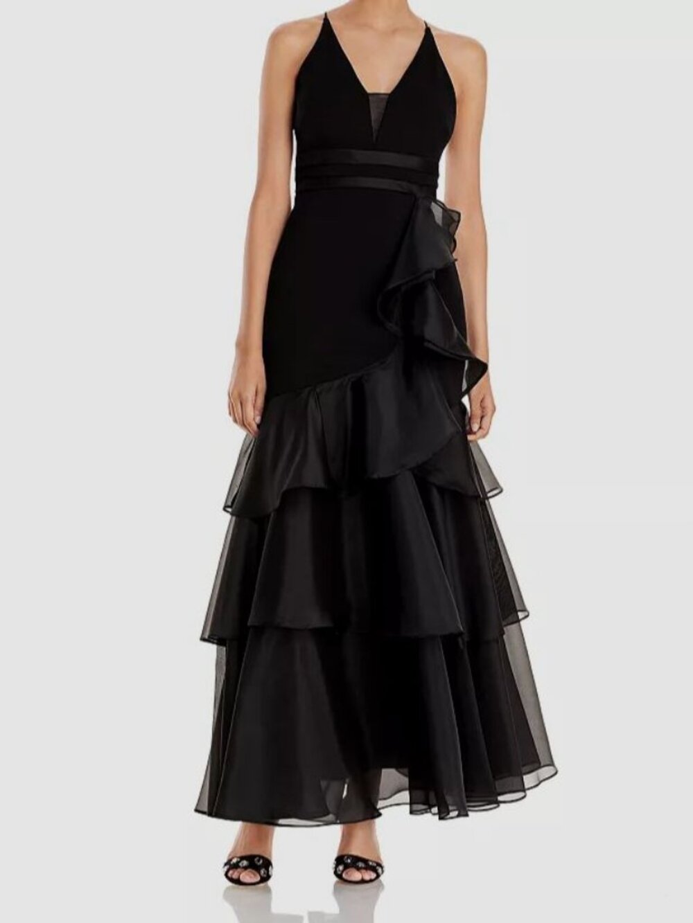 Aidan Mattox Womens Black Sleeveless Mesh Tiered Mermaid Gown Dress Size 6